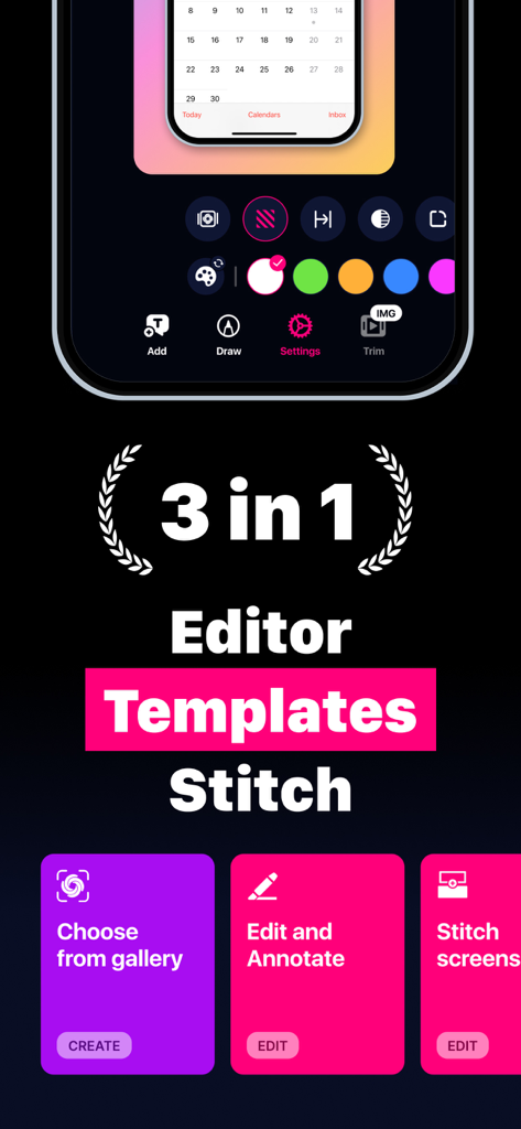 Screenshot Editor - ScreenCut - Screenshot Editor ScreenCut app interface showcasing 3 in 1 editor templates and stitching features