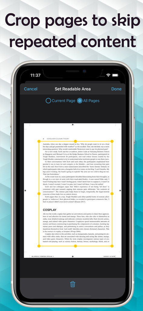 Text to Speech PDF Reader - テキスト読み上げPDFリーダーアプリのクロップツールを表示するスマートフォンの画面。ヘッダーなどの繰り返しページコンテンツをスキップするため