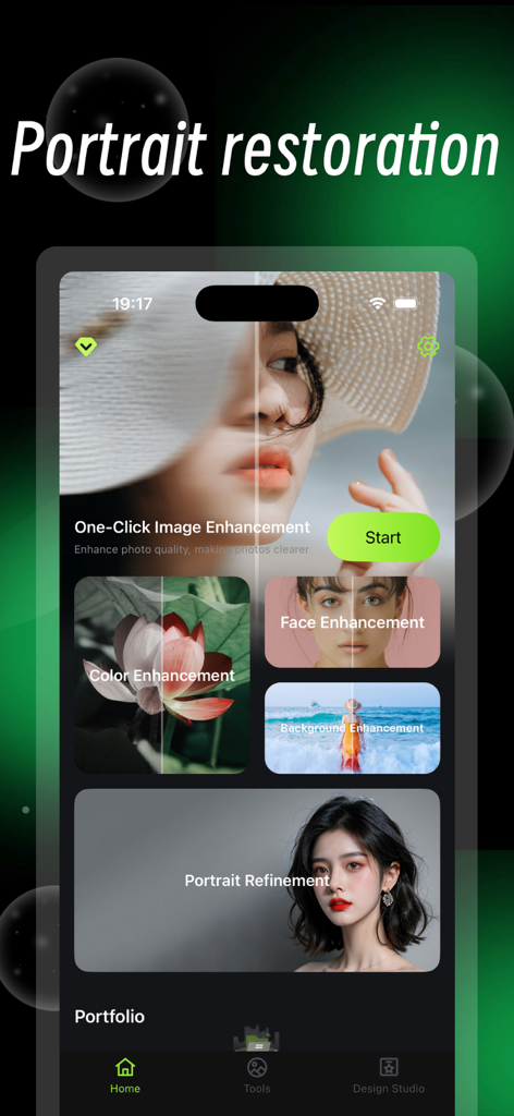 Interface of PicHero app showing portrait restoration features including face enhancement and color refinement with before and after previews