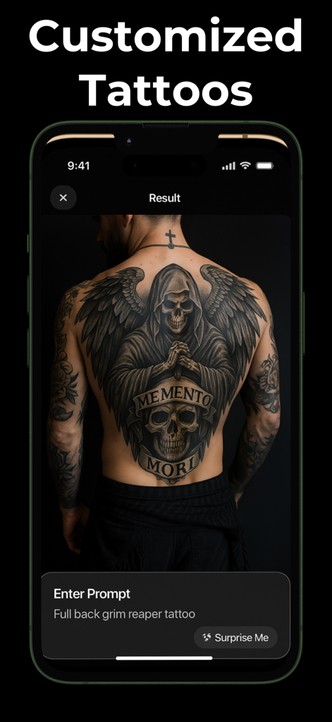 AI generated full back grim reaper tattoo with Memento Mori text on a smartphone screen