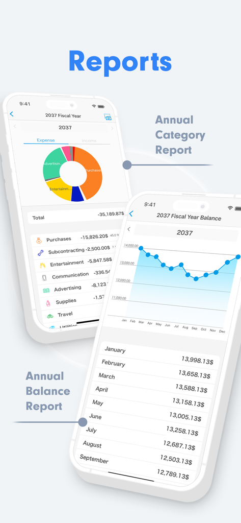Informes de gráfico circular de gastos anuales y gráfico de líneas de balance en la aplicación Small Biz Budget