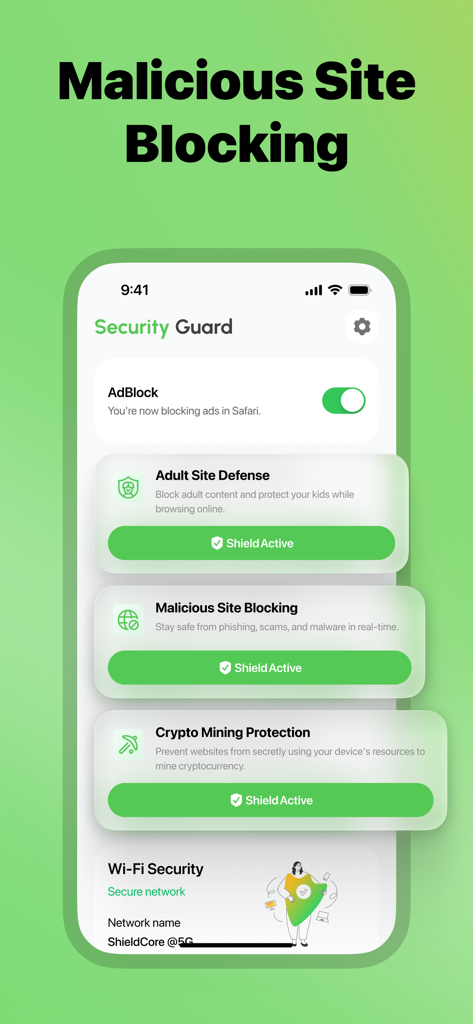 Security Guard - Safe Web - Security Guard app interface showing malicious site blocking and crypto mining protection features with shield active status.