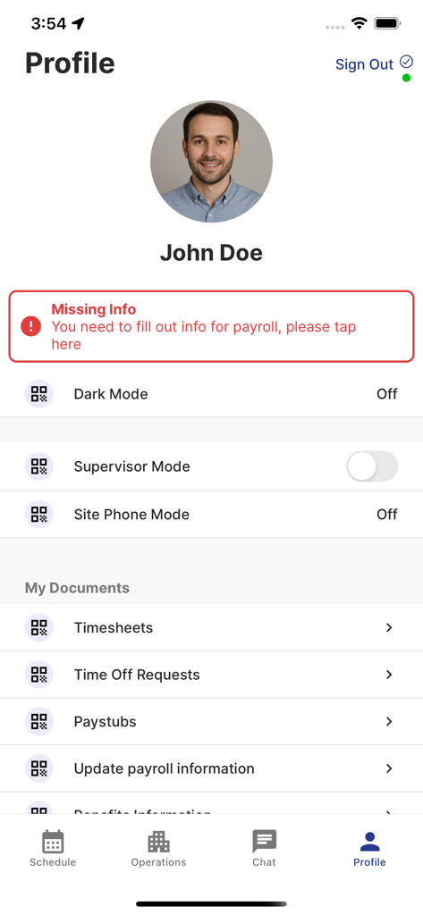 Belfry Security - User profile screen of the Belfry Security app showing employee settings, payroll alerts, and access to work documents like timesheets and paystubs.