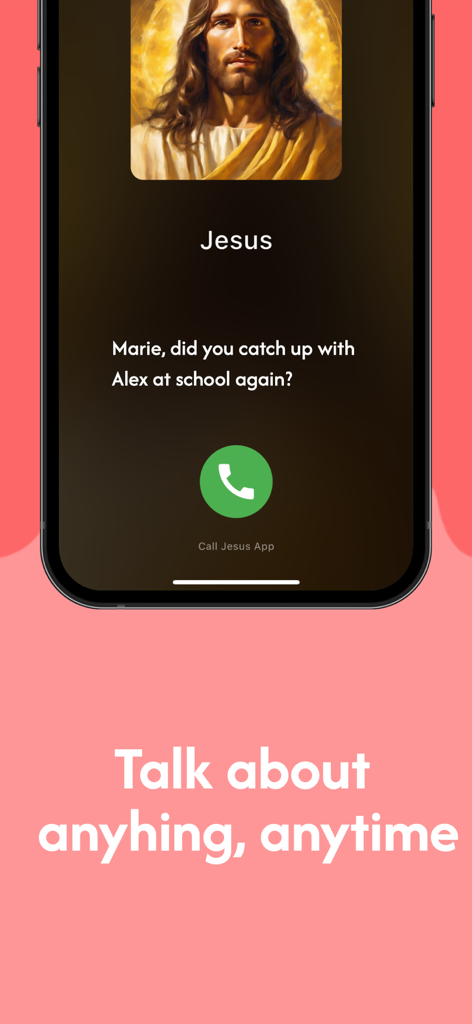 Call Jesus: Christian AI Chat - Tela do smartphone mostrando uma chamada simulada de Jesus no aplicativo de bate-papo IA Chame Jesus com o texto Converse sobre qualquer coisa a qualquer hora