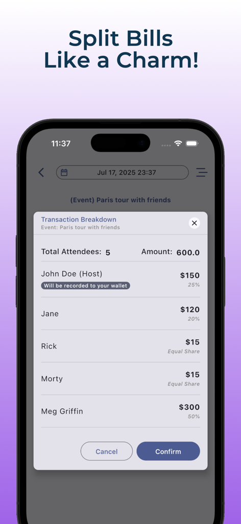 Captura de tela do aplicativo móvel mostrando uma divisão de transações para dividir uma conta de grupo para um passeio em Paris entre cinco amigos.