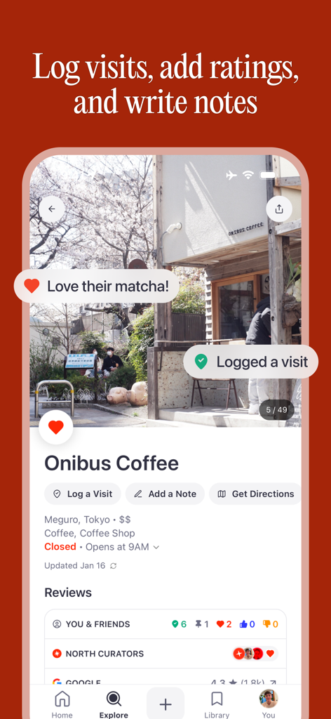 North - Save & Share Places - Interfaz de la aplicación North que muestra la página de detalles de una cafetería con notas personales y una función de registro de visitas.