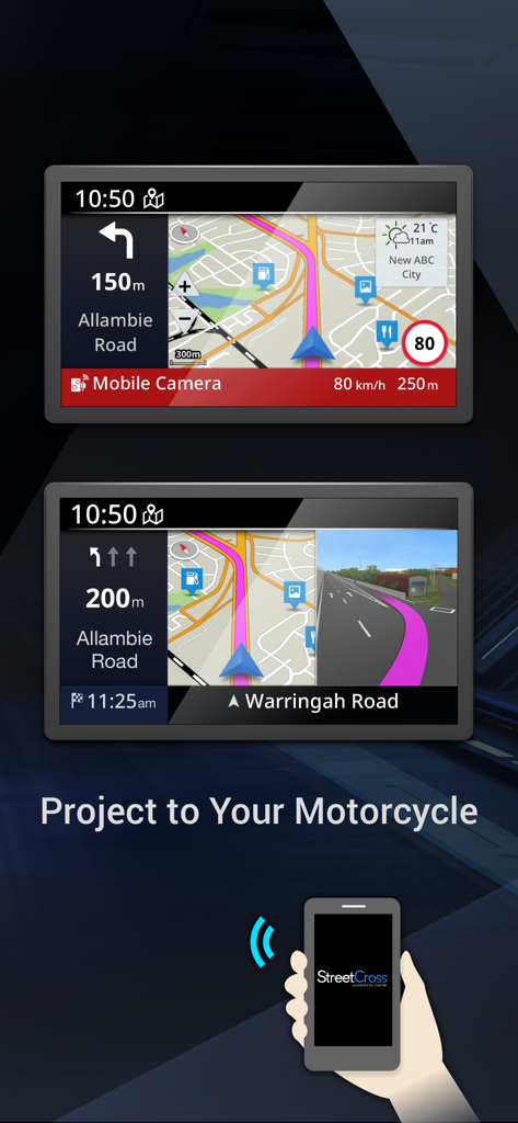 Garmin StreetCross Navigations-App projiziert Karte und Anweisungen auf ein Motorrad-Dashboard-Display.