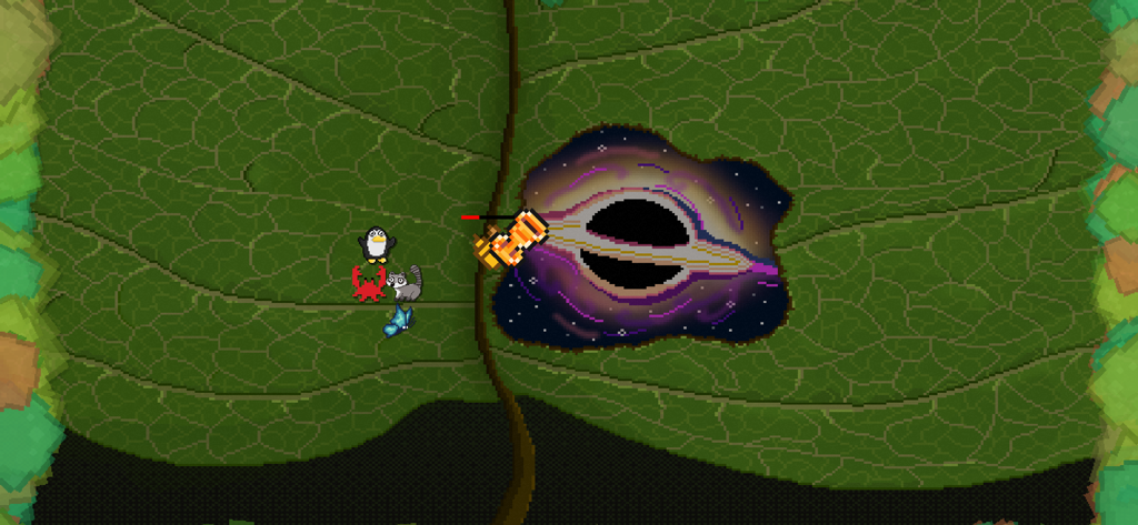 Leaf Blower Revolution - Jugabilidad avanzada en Leaf Blower Revolution presentando un agujero negro cósmico y mascotas animales en una hoja verde gigante.