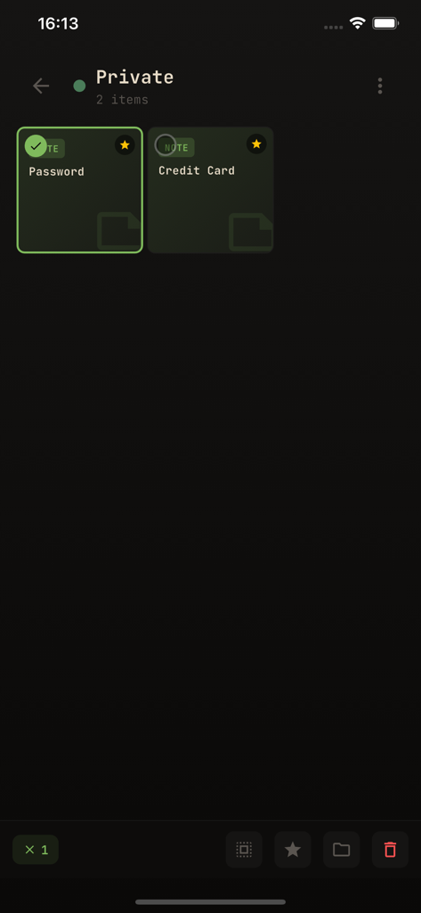 Oberfläche der Umbra Private Vault App, die eine Liste sicherer verschlüsselter Notizen anzeigt, wobei ein Element ausgewählt ist