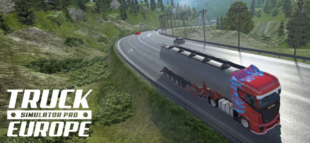 Truck Simulator PRO Europe - A red truck with blue flames hauling a tanker on a scenic mountain road in Truck Simulator PRO Europe.