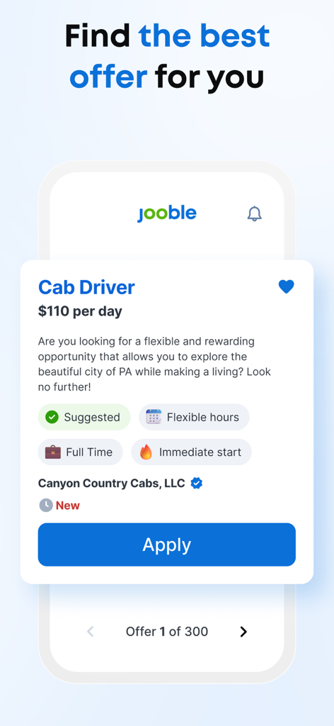 Interfaz de la aplicación Jooble que muestra una oferta de empleo para conductor de taxi con detalles salariales y un botón para postular.
