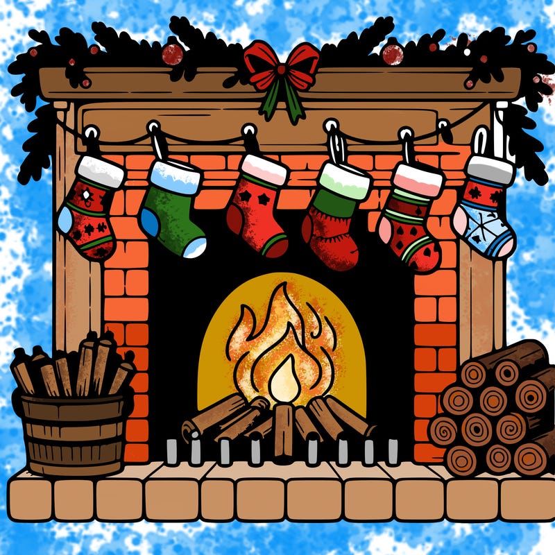 fireplace with hanging stockings and firewood
