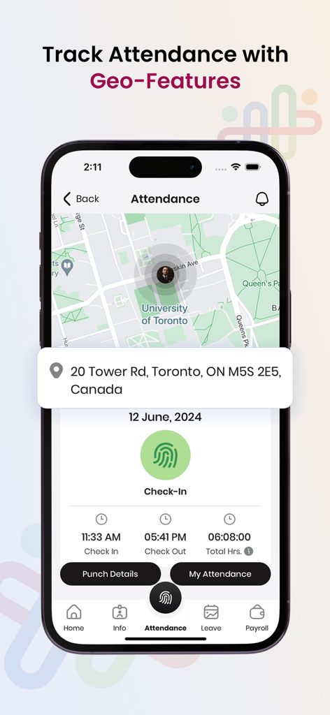 HR HUB: HRMS & Payroll App - Una pantalla de aplicación móvil que muestra el seguimiento de asistencia basado en GPS con un mapa y un botón de registro de huellas dactilares.
