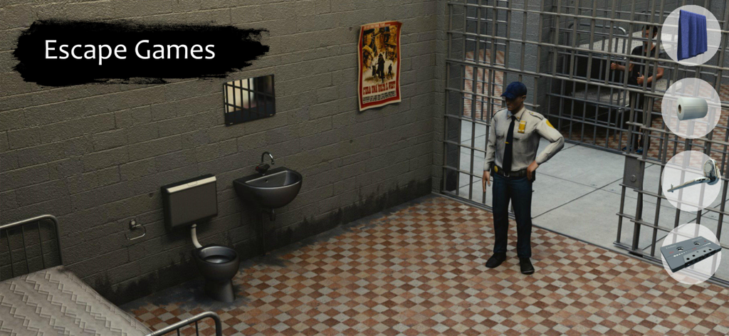 Screenshot del gameplay del gioco d'avventura Evasione dal Carcere che mostra una cella e una guardia