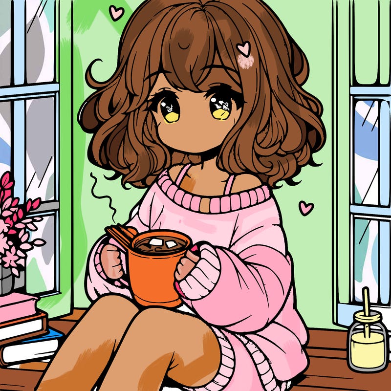 cute anime girl reading book and drinking hot chocolate from mug with loose wavy hair wearing a baggy sweatshirt and shorts sitting by windowsill looking out