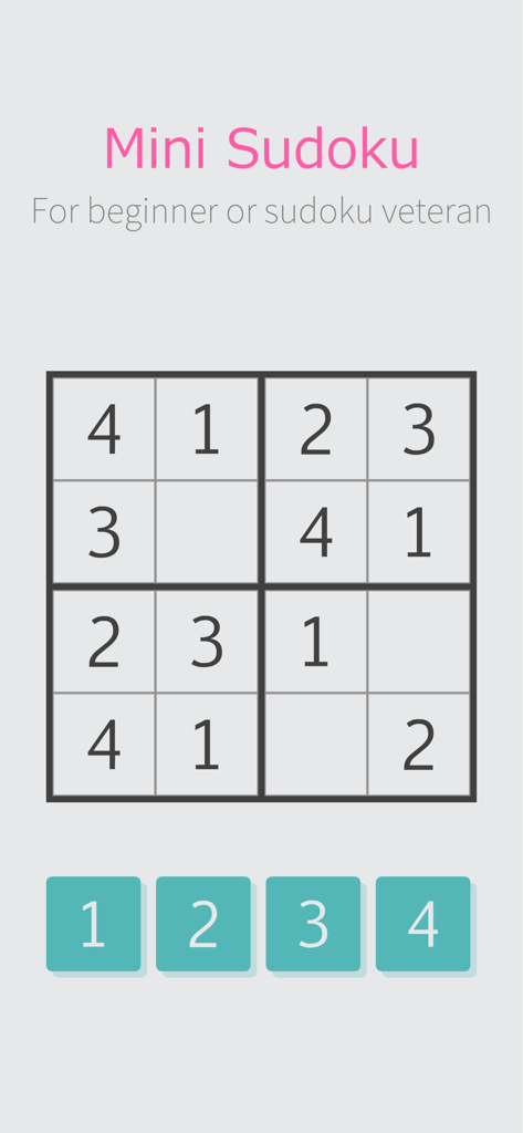 Une interface de puzzle de grille Sudoku 4x4 simple avec des boutons numériques en bas.