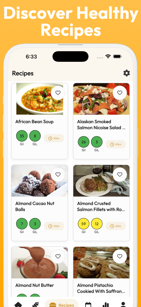 Glycemic Index Guide Tracker - Mobile app interface showing a list of healthy recipes with Glycemic Index and Glycemic Load values for each meal.