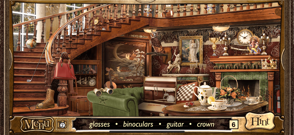 Hidden Objects Sherlock Holmes - Victorian room scene in Hidden Objects Sherlock Holmes game showing a search for hidden items like glasses and binoculars