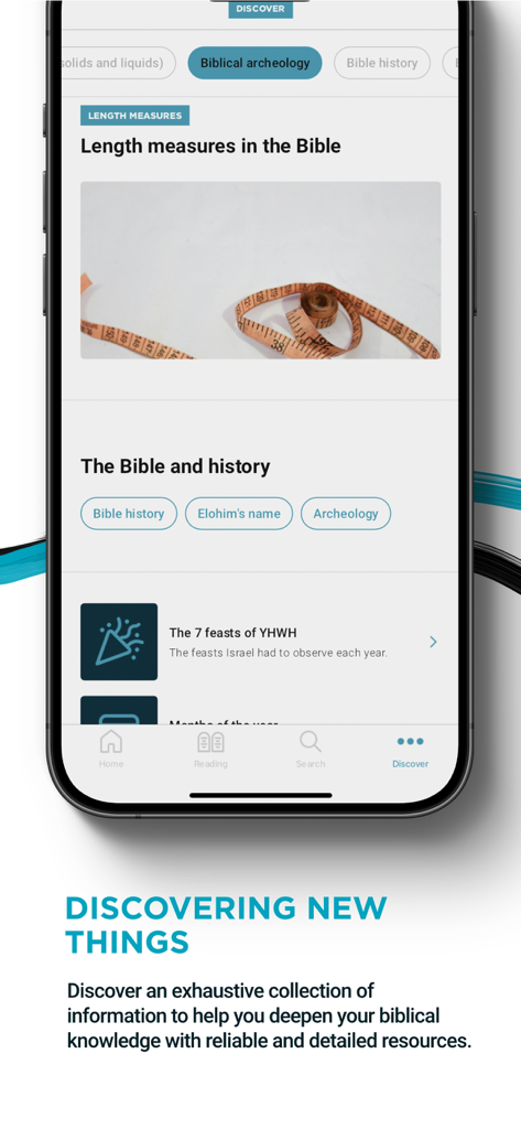 Bible de Yéhoshoua Mashiah - Discover section of the Bible app showing biblical history and archeology resources