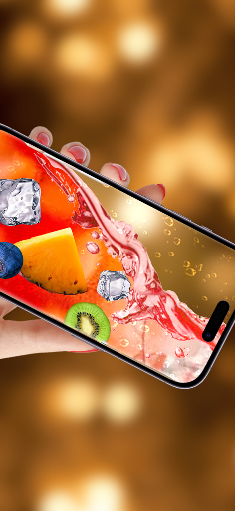Simulação de chá de frutas virtual em um smartphone com gelo e fatias de frutas
