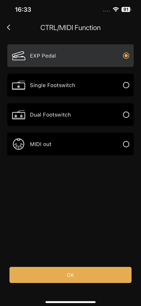 Pulze Control - Interface for configuring expression pedal and footswitch settings in the Pulze Control app