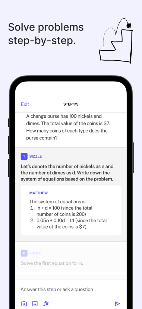 Campus - AI Learning Companion - Screenshot of the Campus AI app interface showing a step by step solution for a math word problem.