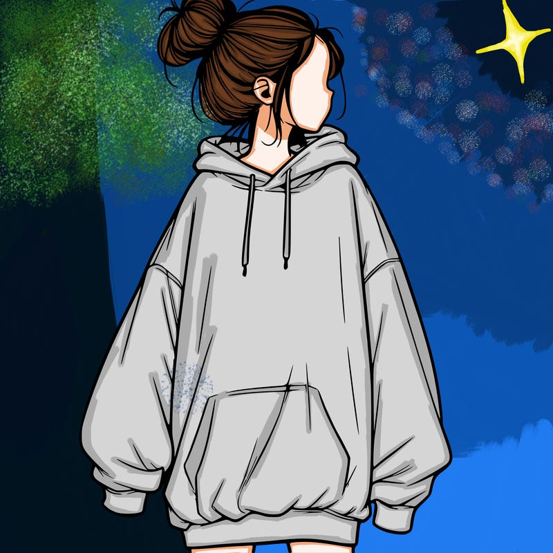 realistic girl with a oversized sweatshirt on and a bun