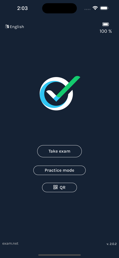 Exam.netモバイルアプリのランディング画面。試験の受験、練習モードへの入力、またはQRコードのスキャンを選択できます。