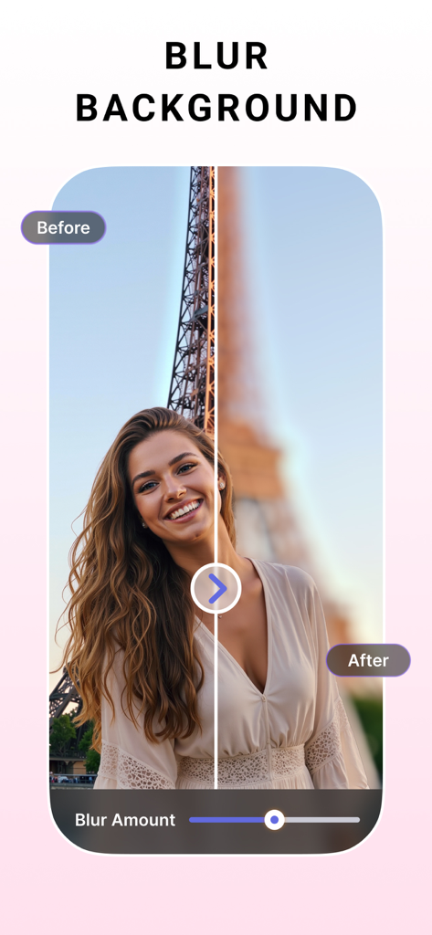 LightX: AI Photo & Body Editor - Comparación lado a lado de antes y después de la herramienta de desenfoque de fondo en el retrato de una mujer frente a la Torre Eiffel.