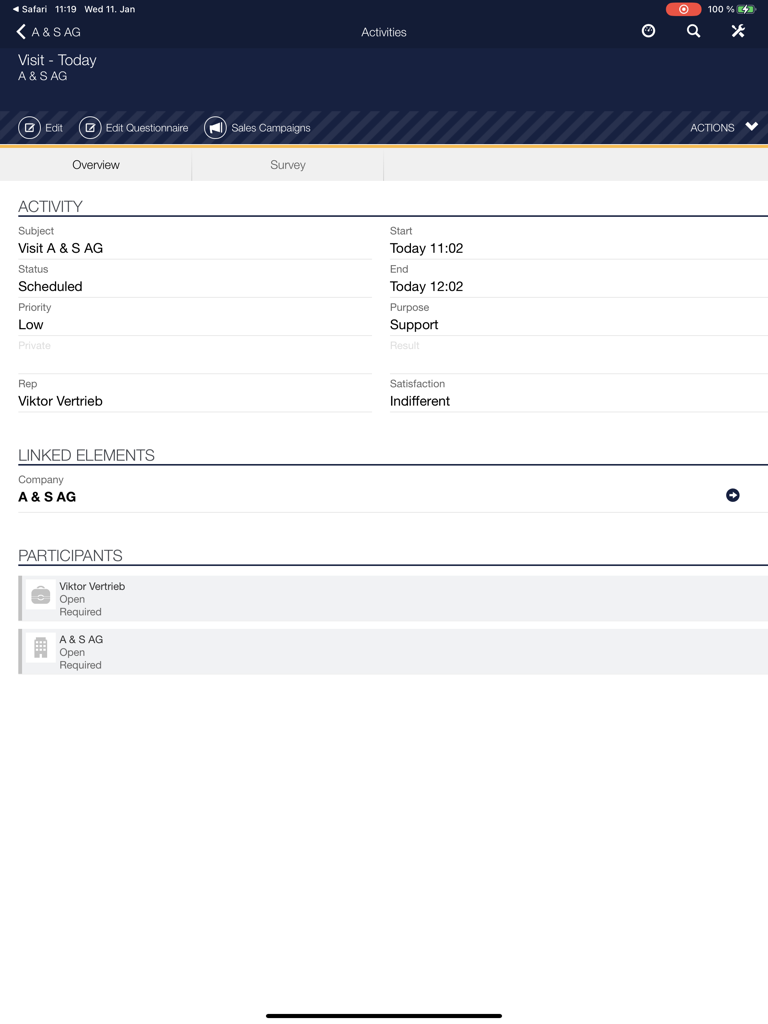 Interface iPad CRMpad Legacy affichant les détails de l'activité pour une visite client planifiée.