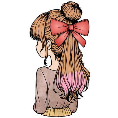 realistic girl  with hip length hair a bun and a big bow on the back of head