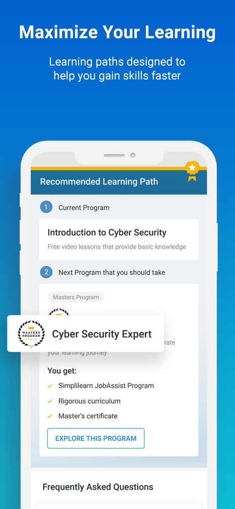 Simplilearn app interface showing a recommended learning path for cyber security certification