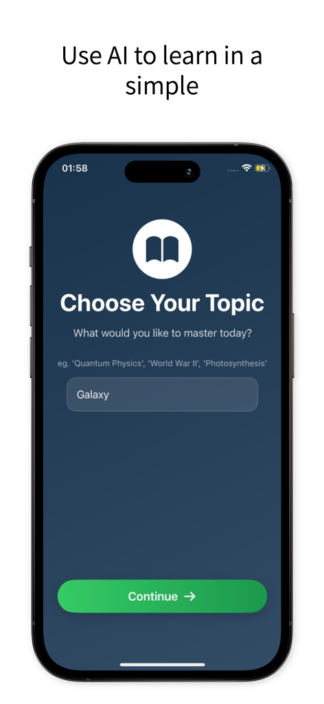 Mobile screen of Feynman AI app showing the Choose Your Topic interface with Galaxy entered in the search bar