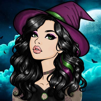 realistic witch girl with wavy hair and lips
