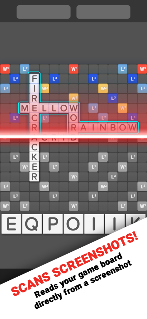 Snap Cheats for Wordfeud Cheat - Snap Cheats for Wordfeud app interface scanning a game board from a screenshot to find winning words.