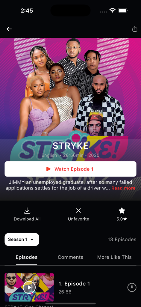 Story Story App - Pantalla móvil de Story Story App mostrando los detalles de la serie de TV STRYKE y la lista de episodios