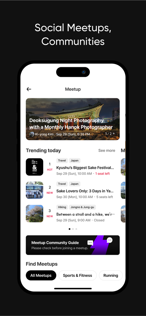 Frip - Experience Korea - Frip app screen displaying various social meetups in Korea including night photography and sake festivals