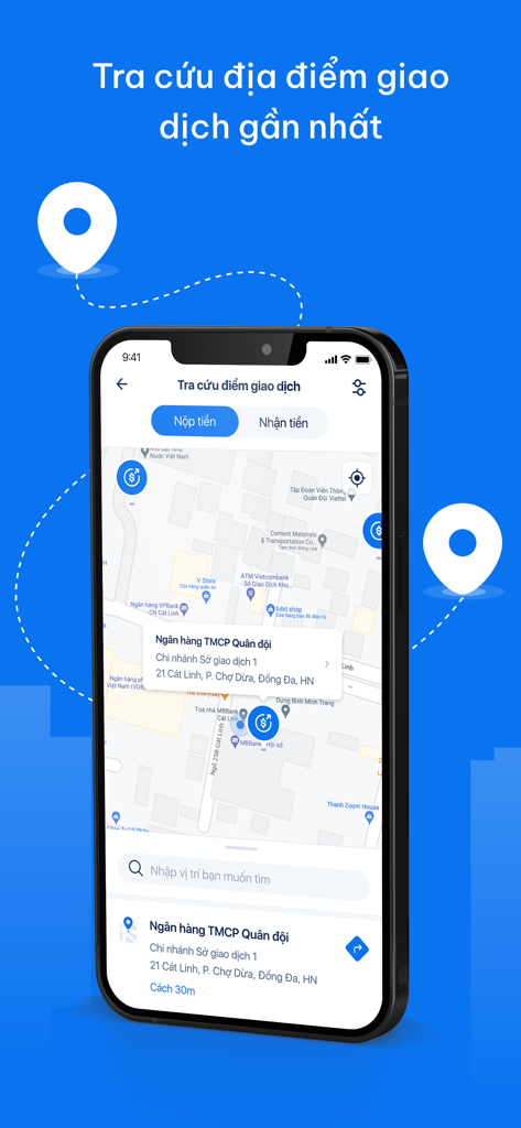 Pantalla de la aplicación móvil Mcredit que muestra un mapa con marcadores para encontrar los puntos de transacción financiera más cercanos