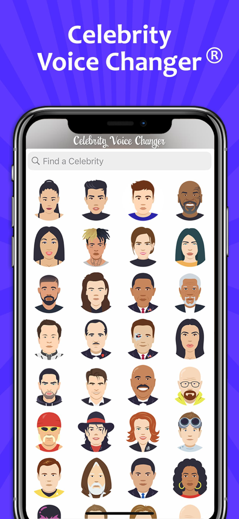 Celebrity Voice Changer app interface with a grid of celebrity icons