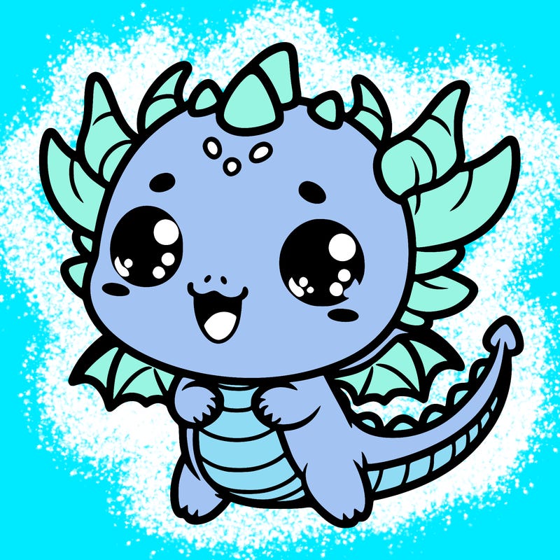 a kawaii-style drawing featuring a cute dragon with a playful face.