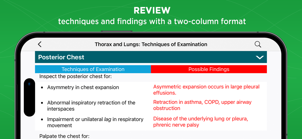 Bates' Pocket Guide - Bates' Pocket Guide app displaying a two-column layout of physical examination techniques and potential findings for the thorax and lungs.