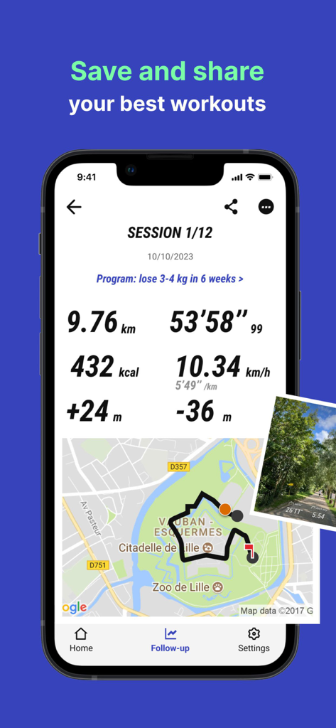 Interface de l'application Decathlon Coach montrant les statistiques d'entraînement et une carte d'itinéraire de course GPS.