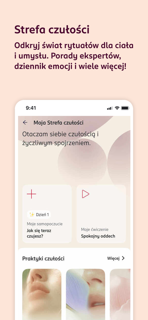 La app Rossmann PL mostrando la función de bienestar Strefa czulosci para rituales de cuerpo y mente.