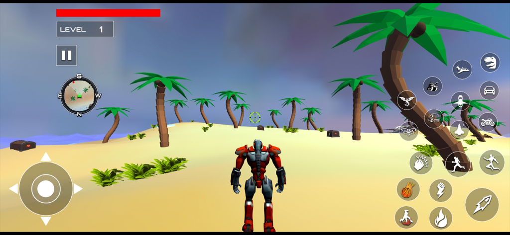 Real Robot Car Transform Game - Um robô vermelho em pé em uma praia tropical com botões de ação de transformação em um jogo para celular