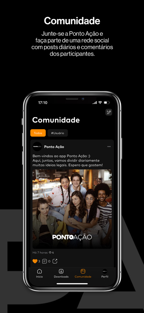 Ponto Ação - Ponto Acao app community screen showing a social feed with a cast photo and fan engagement options.