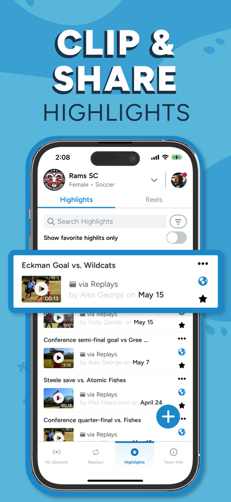 SportsEngine Play - Interface de l'application SportsEngine Play montrant une liste de moments forts de matchs de sports de jeunesse pour le découpage et le partage