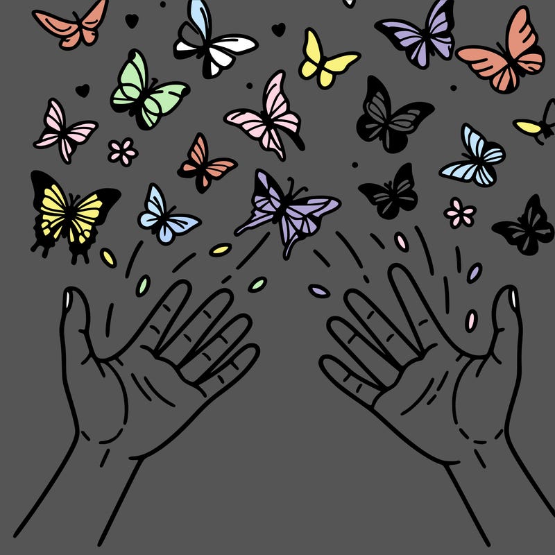 2 hands reaching for eachother and butterflies flying all around them