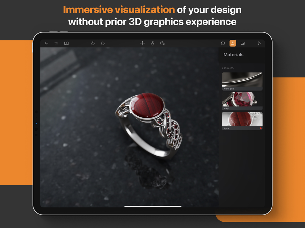 A 3D CAD visualization of a ruby ring being edited on an iPad using the Cadmio app