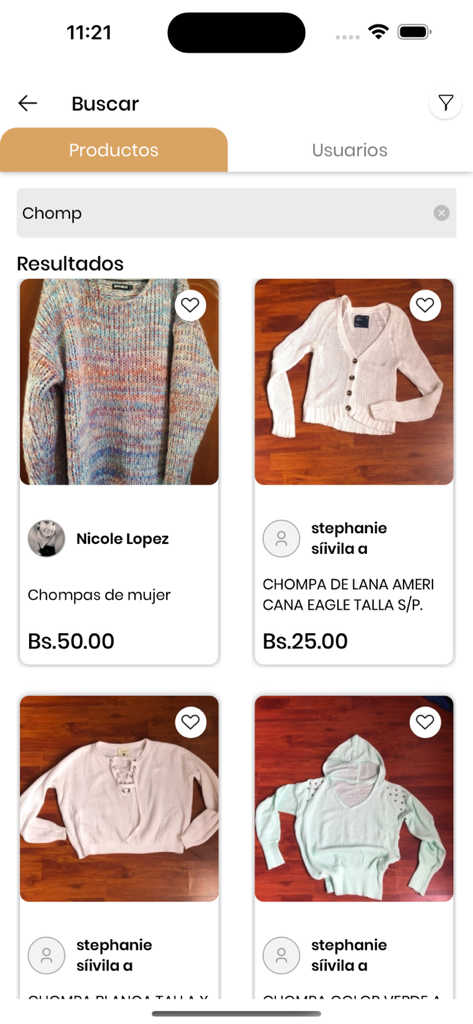 Solia Ser - Página de resultados de búsqueda de la app Solia Ser mostrando suéteres de segunda mano en venta