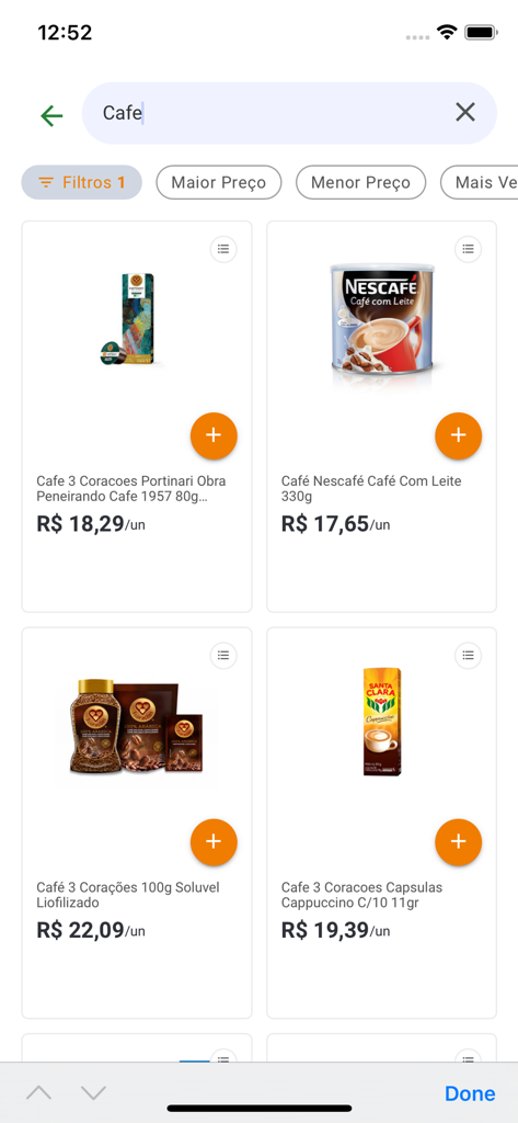 Search results for coffee in the Supermercado Pinheiro app showing various brands and prices in Brazilian Reals.